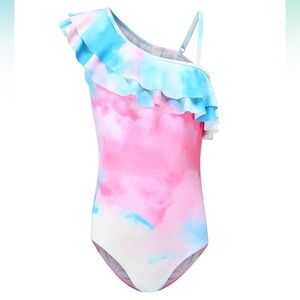 Girls One Piece Swimsuits Blue Tie Dye Sport Halter Swimwear Bathing Suit 11/12y